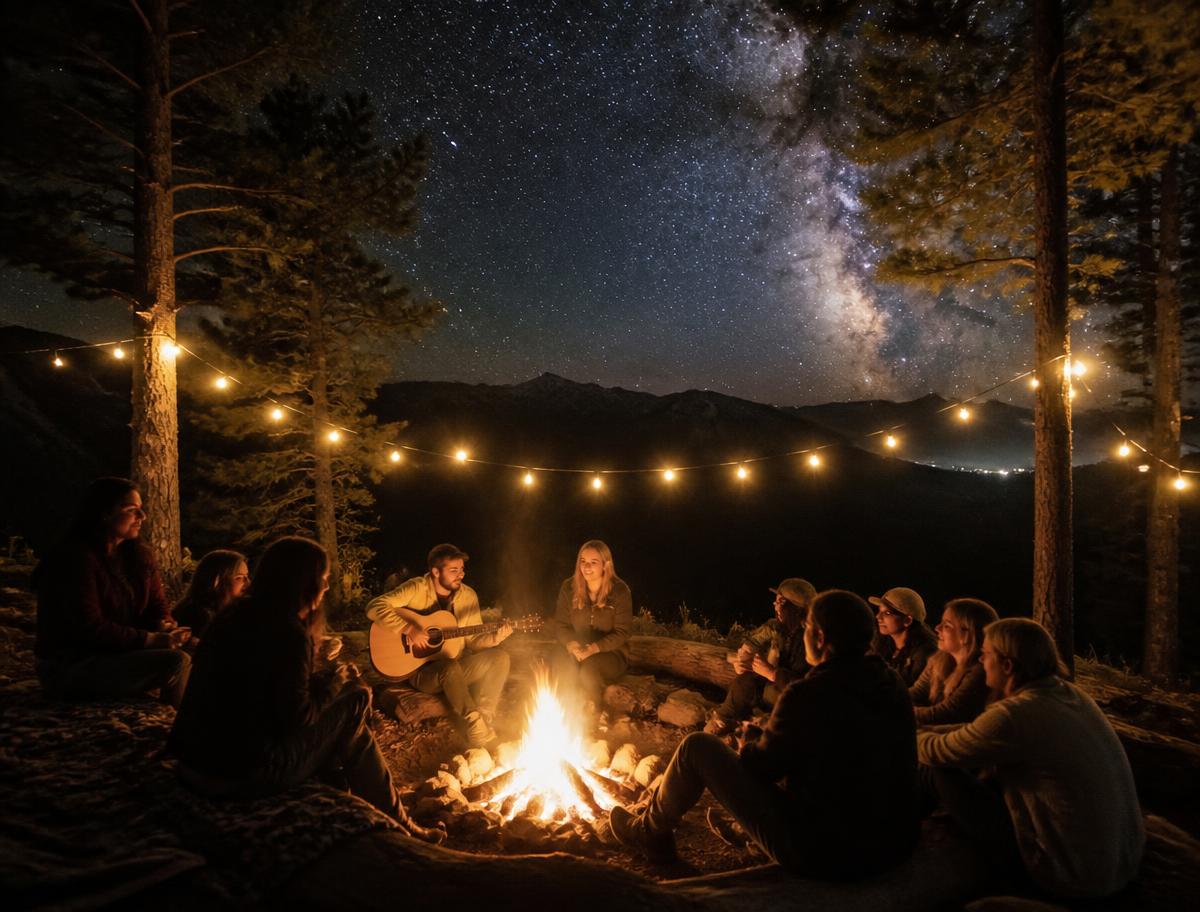 Friends around a bonfire under a starry sky with fairy lights