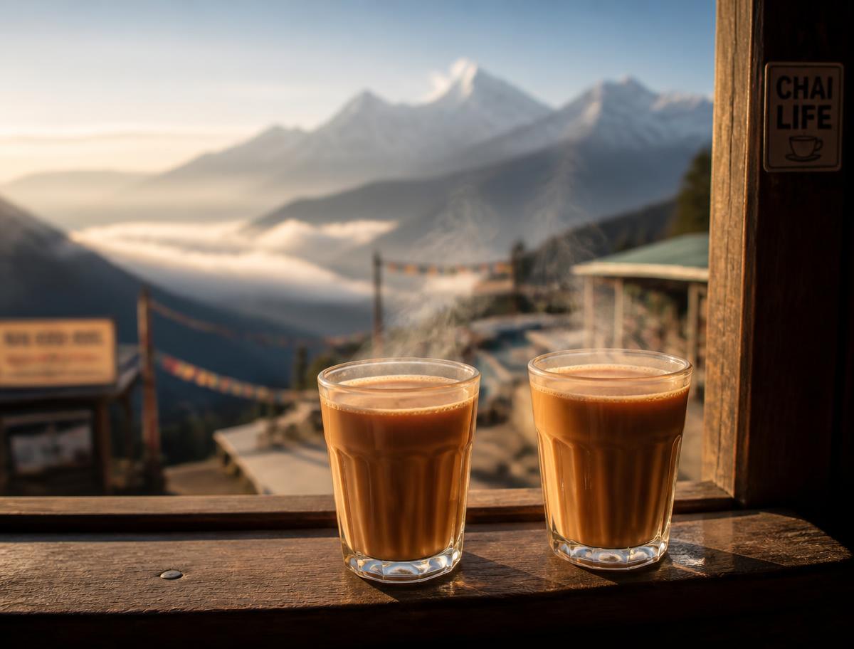Two glasses of steaming masala chai at a Himalayan mountain pass cafe