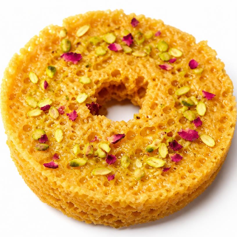Golden Ghewar sweet topped with pistachio and rose petals