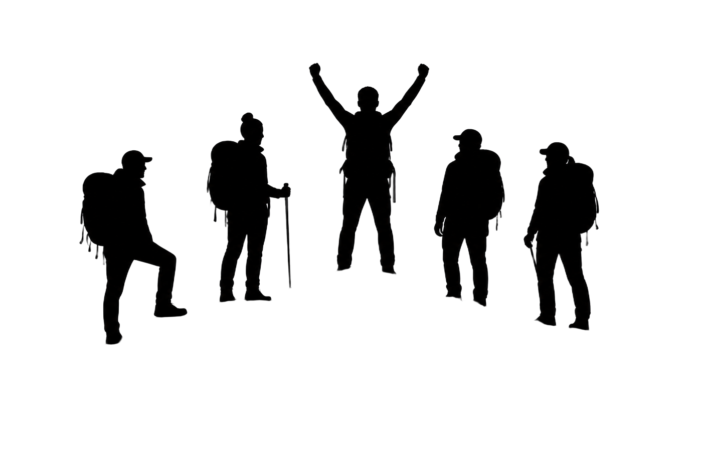 Silhouettes of trekkers celebrating on a mountain ridge